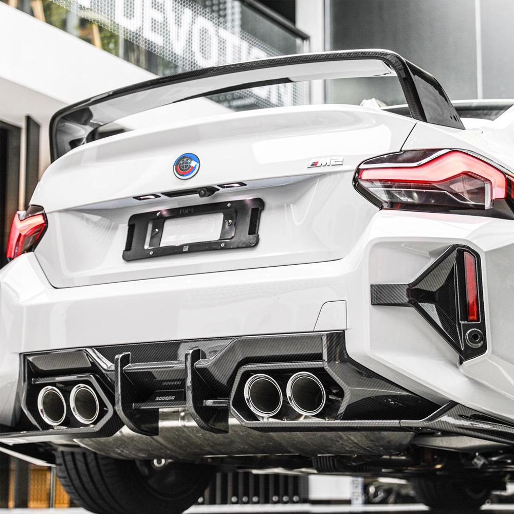 bmw m2 g87 mp style carbon fiber spoiler installed low angle