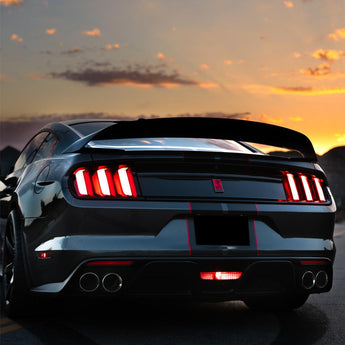 ford mustang gt350 r style carbon fiber spoiler installed close up