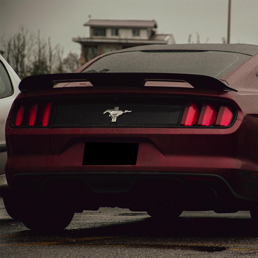 ford mustang gt500 style carbon fiber spoiler installed angle view